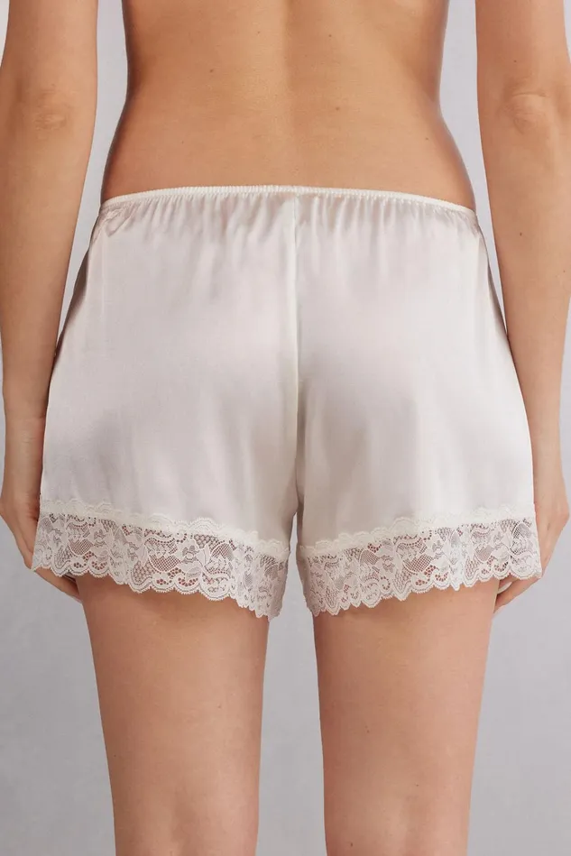 Intimissimi Short Pajamas Women Lace Trim Silk Shorts Ivory 2127 8211 Talc White