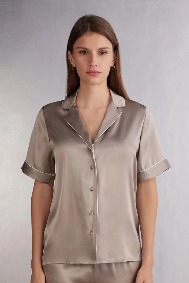 Intimissimi Short Pajamas Women Short Sleeve Silk Shirt With Contrast Trim Natural 651i 8211 Powder Beige Intimissimi Short Pajamas Women Short Sleeve Silk Shirt With Contrast Trim Natural 651i 8211 Powder Beige