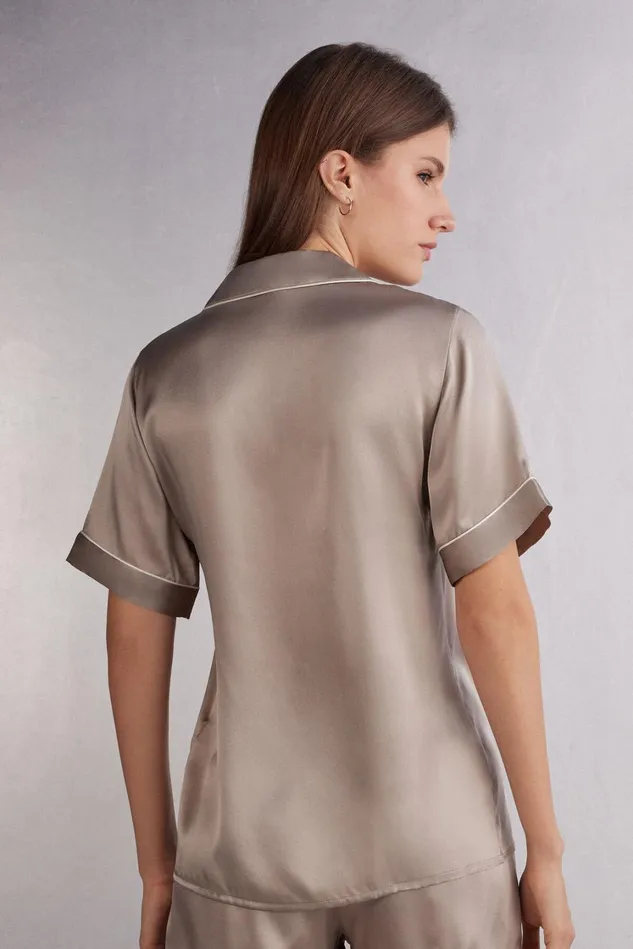 Intimissimi Short Pajamas Women Short Sleeve Silk Shirt With Contrast Trim Natural 651i 8211 Powder Beige