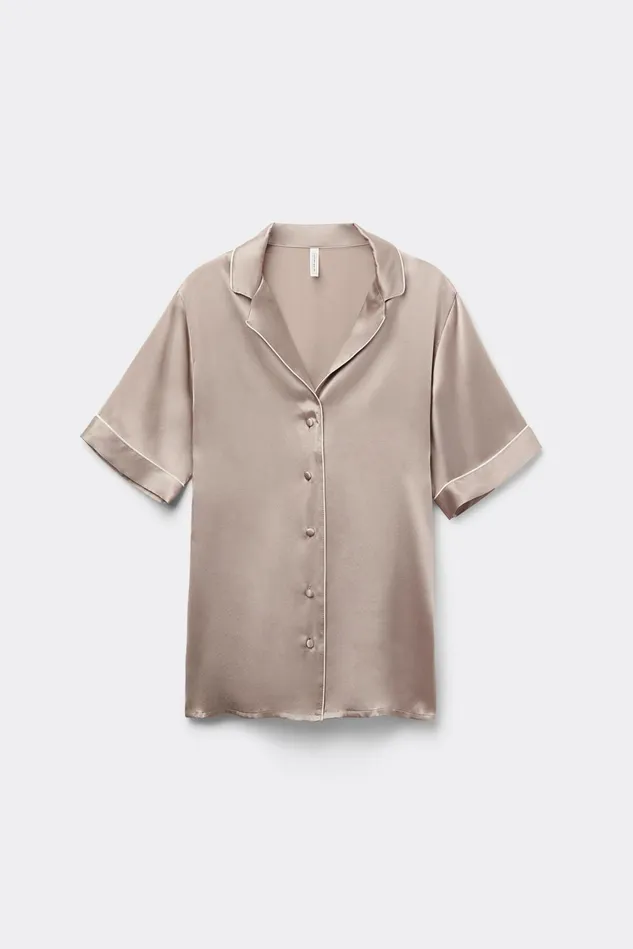Intimissimi Short Pajamas Women Short Sleeve Silk Shirt With Contrast Trim Natural 651i 8211 Powder Beige