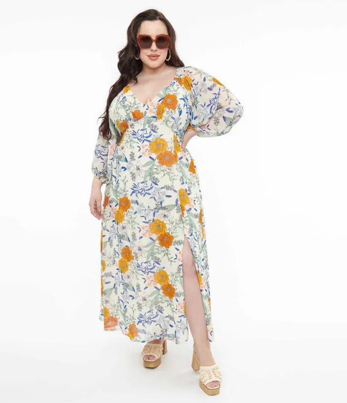 Ivory and Multicolor Floral Maxi Dress Dresses Unique Vintage Maxi