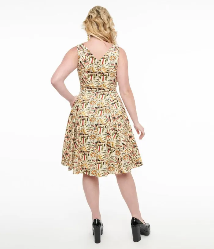 Ivory and Tarot Card Print Cotton Swing Dress DressesHalloween Unique Vintage Pocket Dresses
