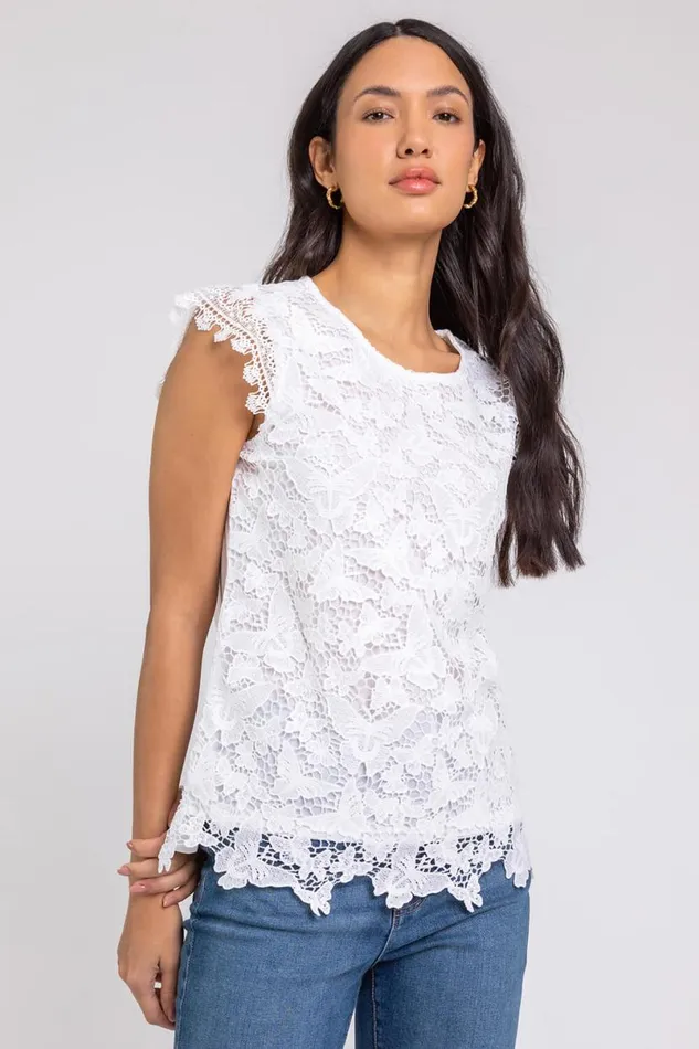 Ivory Butterfly Lace Stretch Top Women Roman Tops
