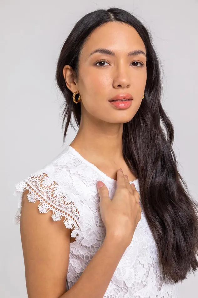 Ivory Butterfly Lace Stretch Top Women Roman Tops