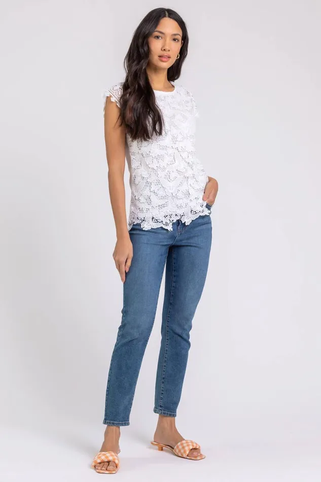 Ivory Butterfly Lace Stretch Top Women Roman Tops