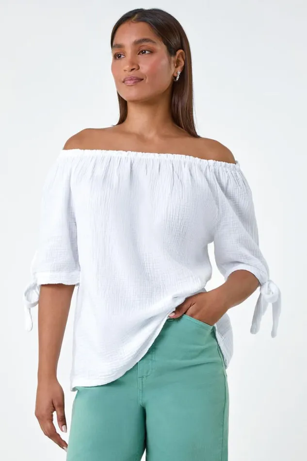 Ivory Cotton Blend Tie Detail Bardot Top Women Roman Tops