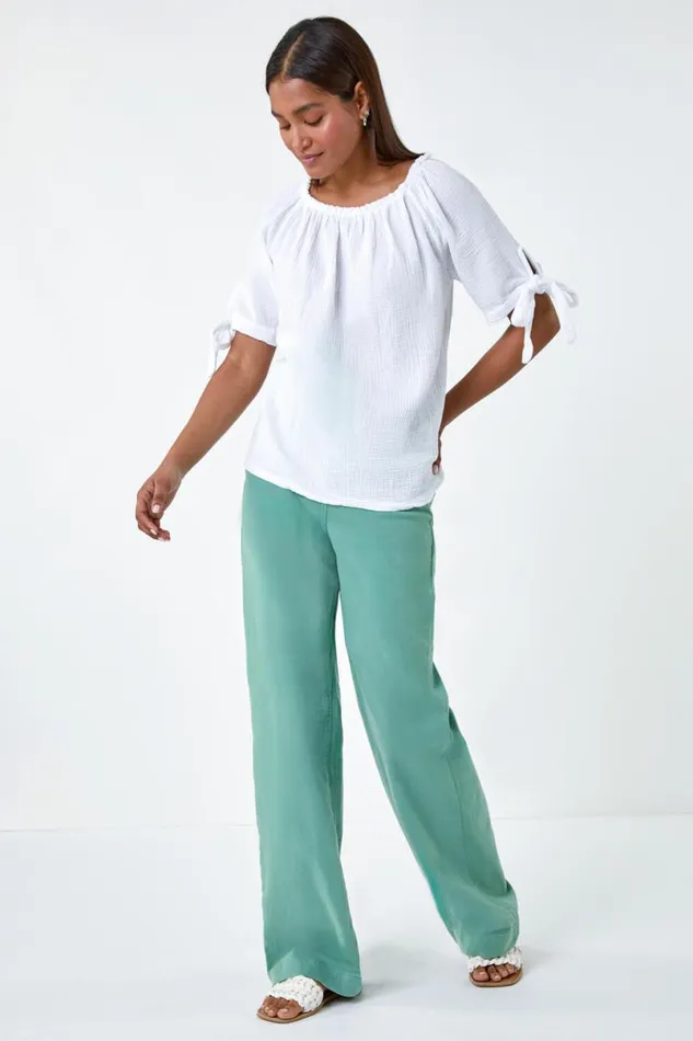 Ivory Cotton Blend Tie Detail Bardot Top Women Roman Tops