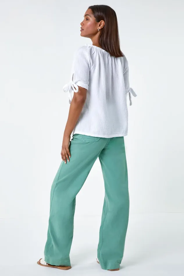 Ivory Cotton Blend Tie Detail Bardot Top Women Roman Tops