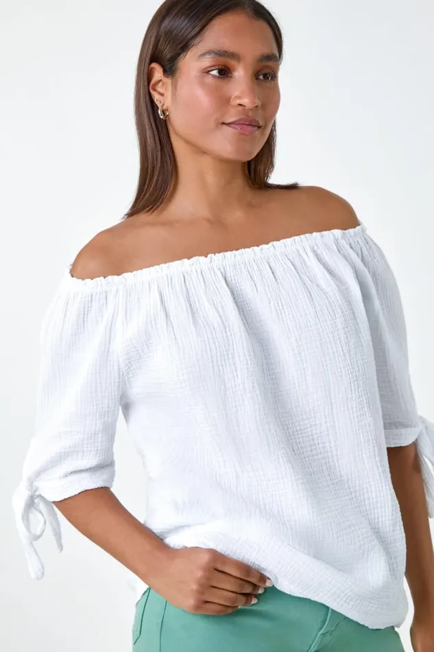 Ivory Cotton Blend Tie Detail Bardot Top Women Roman Tops