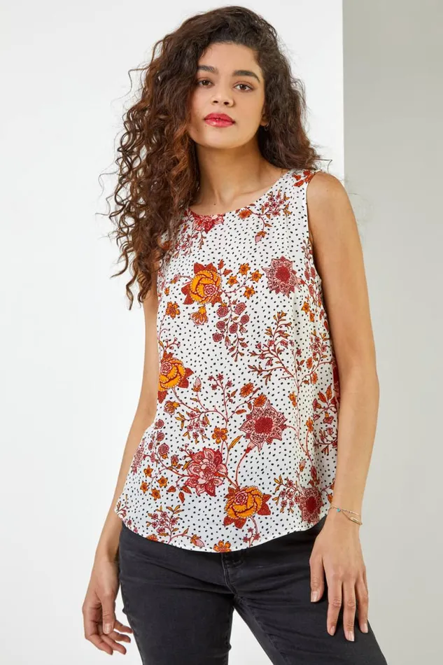 Ivory Ditsy Spot Floral Vest Top Women Roman Tops