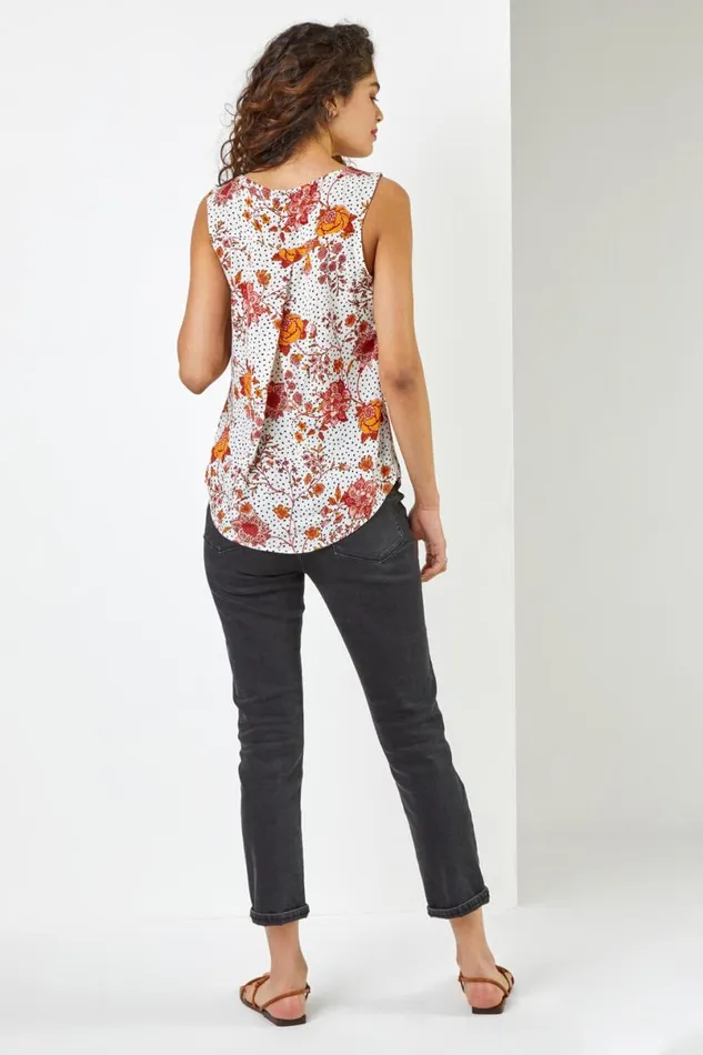 Ivory Ditsy Spot Floral Vest Top Women Roman Tops