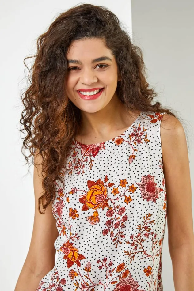 Ivory Ditsy Spot Floral Vest Top Women Roman Tops