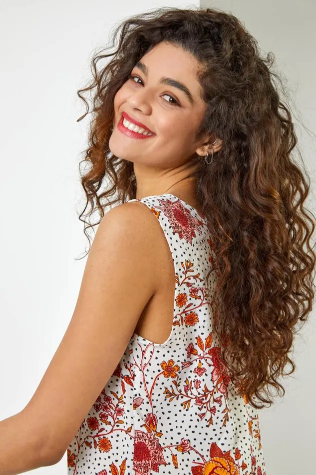 Ivory Ditsy Spot Floral Vest Top Women Roman Tops