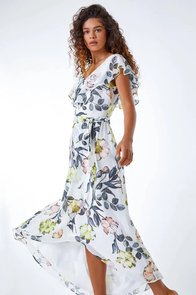 Ivory Floral Print Frill Cape Wrap Dress Women Roman Dresses