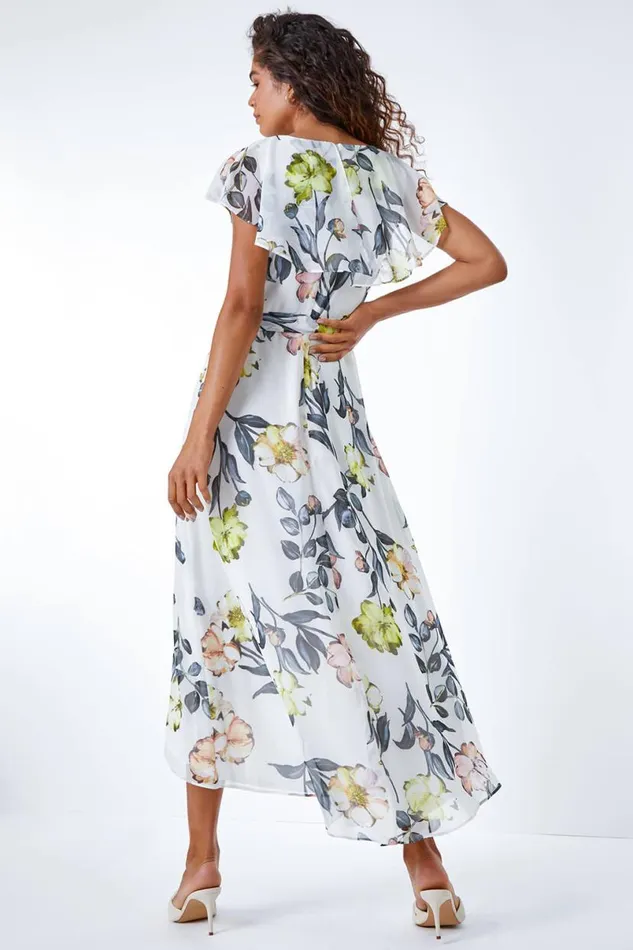 Ivory Floral Print Frill Cape Wrap Dress Women Roman Dresses