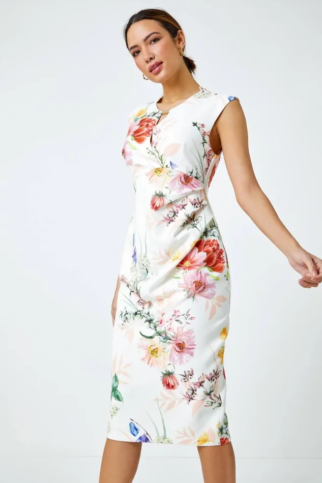 Ivory Floral Print Ruched Midi Dress Women Roman Dresses