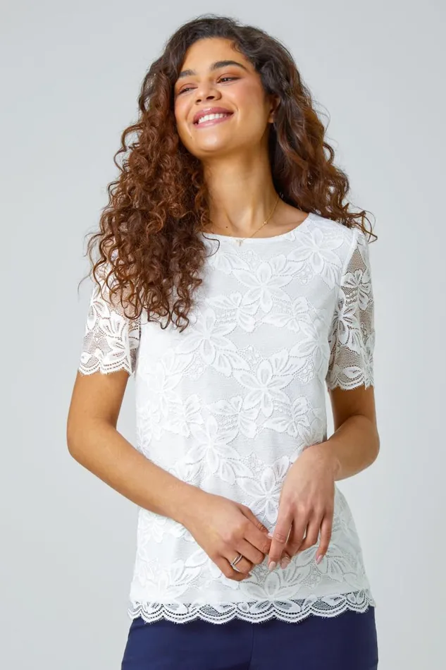 Ivory Floral Stretch Lace Top Women Roman Tops
