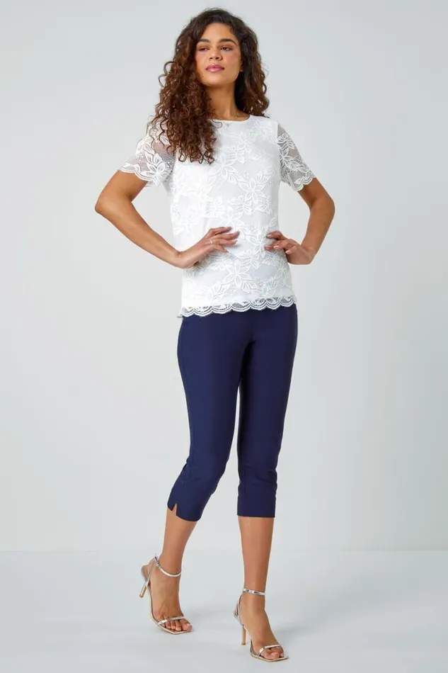 Ivory Floral Stretch Lace Top Women Roman Tops