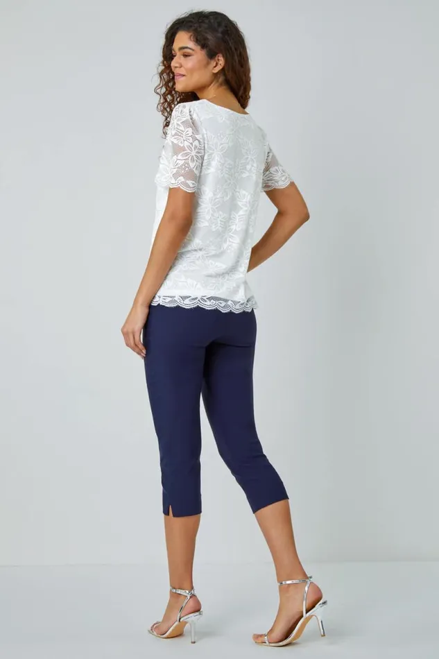 Ivory Floral Stretch Lace Top Women Roman Tops