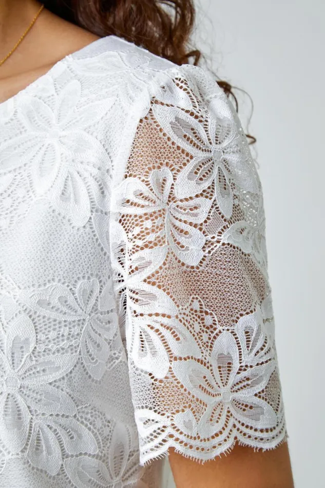 Ivory Floral Stretch Lace Top Women Roman Tops