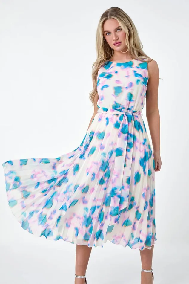 Ivory Petite Abstract Print Pleated Midi Dress Women Roman Dresses