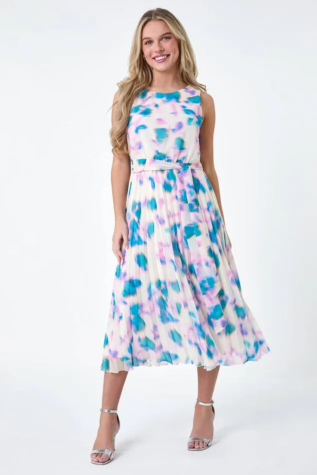 Ivory Petite Abstract Print Pleated Midi Dress Women Roman Dresses