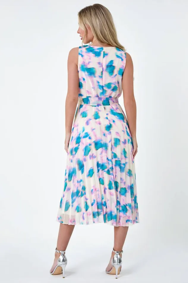 Ivory Petite Abstract Print Pleated Midi Dress Women Roman Dresses
