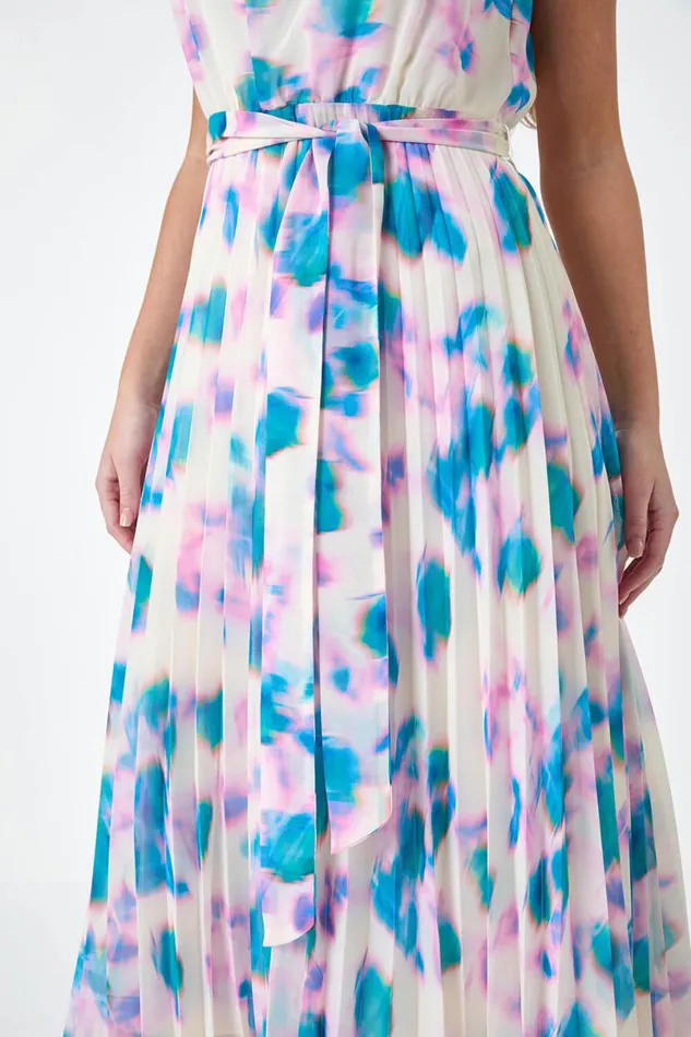 Ivory Petite Abstract Print Pleated Midi Dress Women Roman Dresses