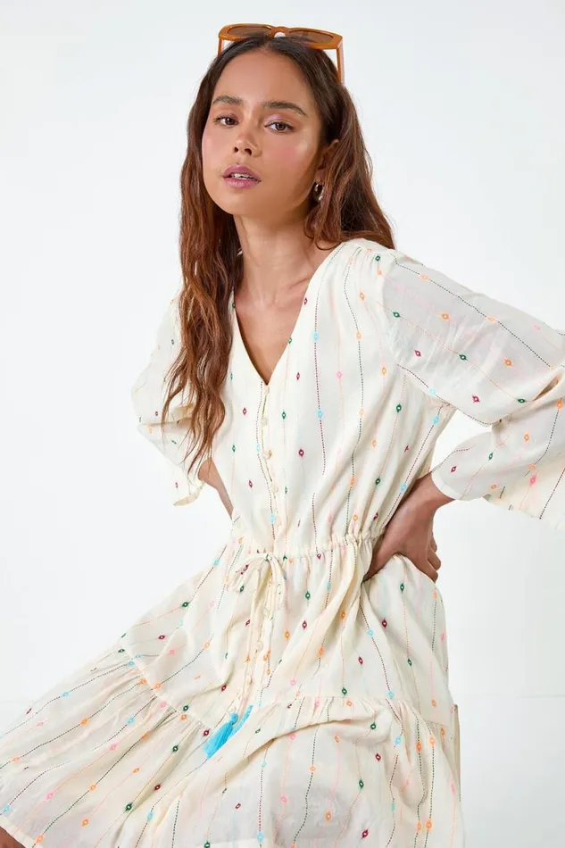 Ivory Petite Cotton Embroidered Smock Dress Women Roman Dresses