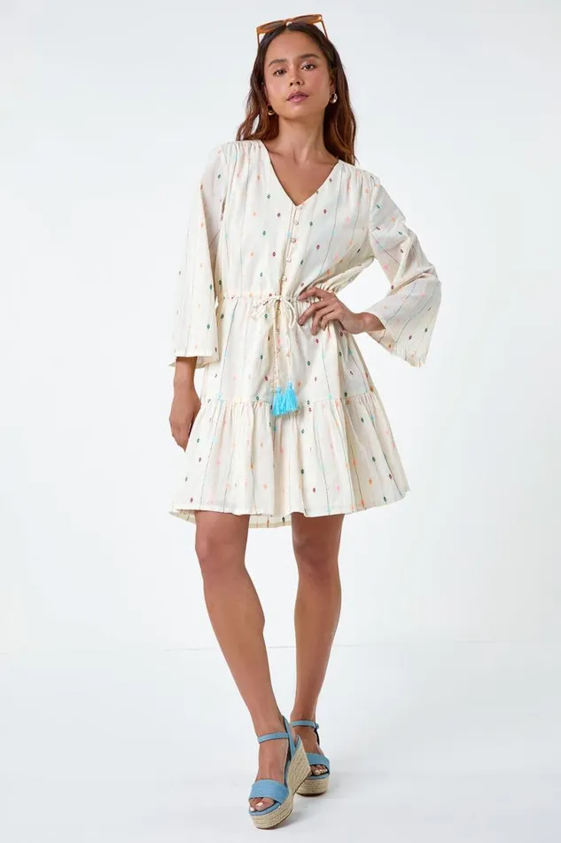 Ivory Petite Cotton Embroidered Smock Dress Women Roman Dresses