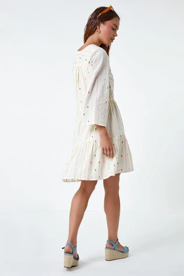 Ivory Petite Cotton Embroidered Smock Dress Women Roman Dresses
