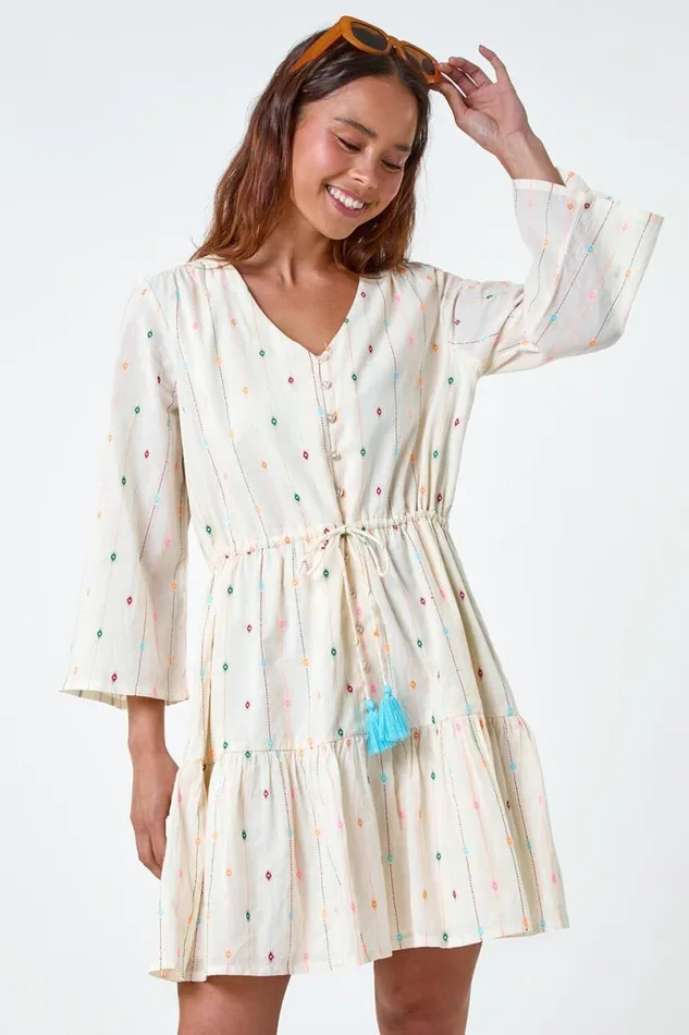 Ivory Petite Cotton Embroidered Smock Dress Women Roman Dresses