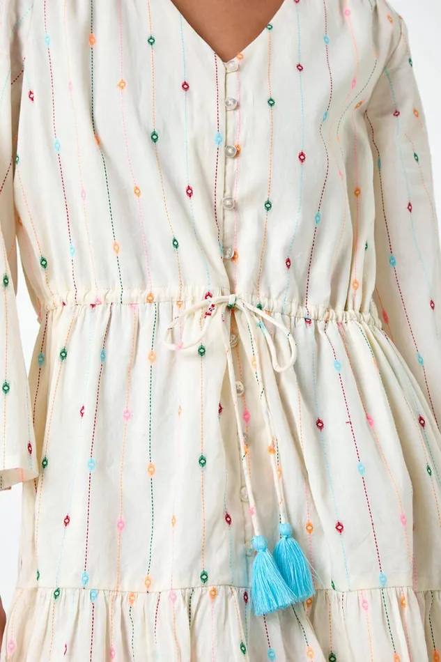Ivory Petite Cotton Embroidered Smock Dress Women Roman Dresses