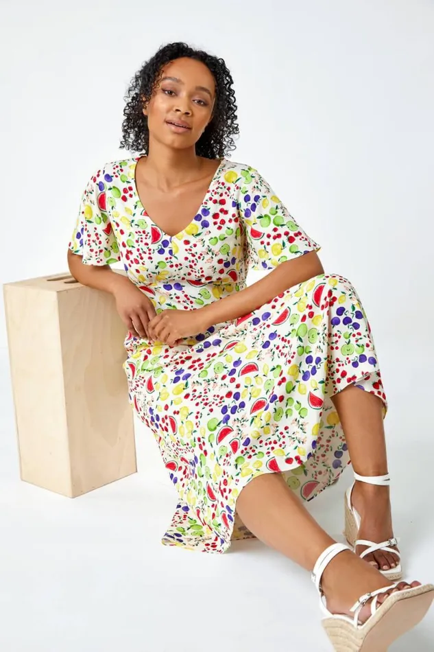 Ivory Petite Fruit Print Midi Tea Dress Women Roman Dresses