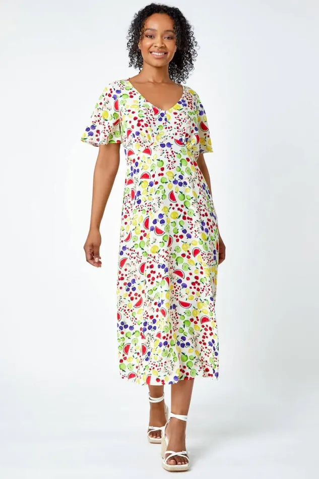 Ivory Petite Fruit Print Midi Tea Dress Women Roman Dresses
