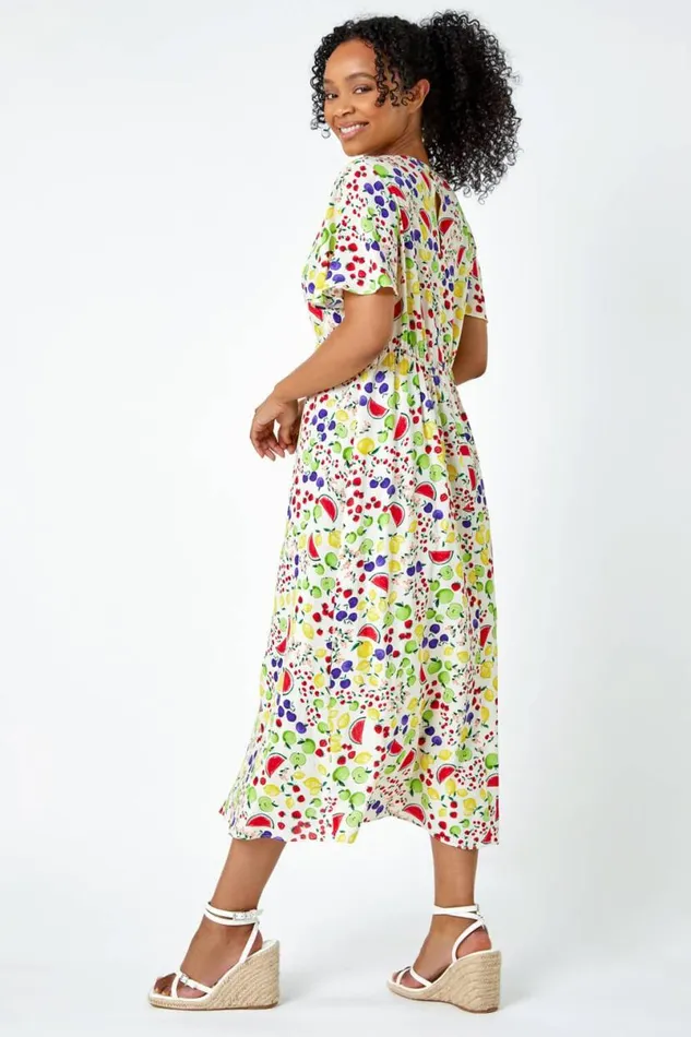 Ivory Petite Fruit Print Midi Tea Dress Women Roman Dresses