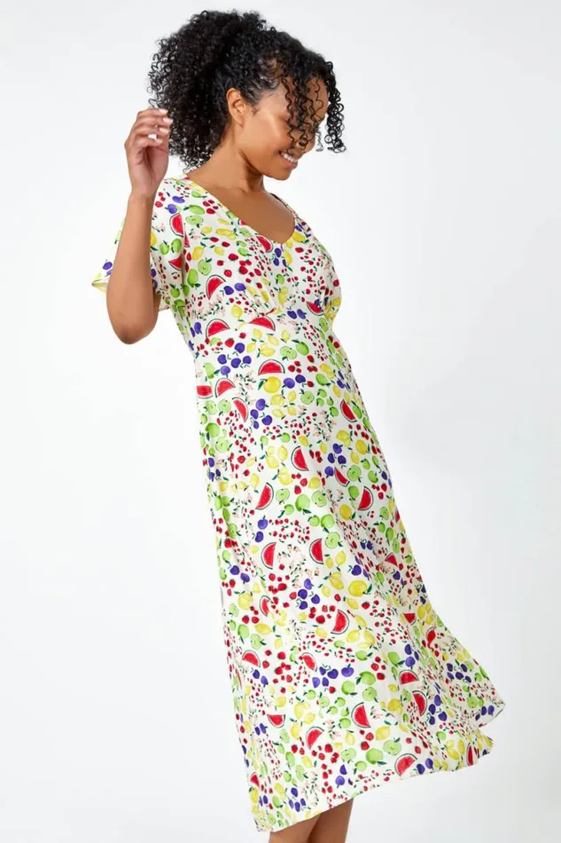 Ivory Petite Fruit Print Midi Tea Dress Women Roman Dresses