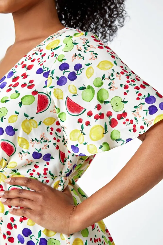 Ivory Petite Fruit Print Midi Tea Dress Women Roman Dresses