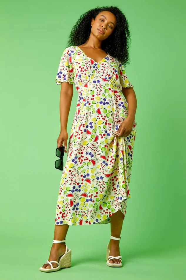 Ivory Petite Fruit Print Midi Tea Dress Women Roman Dresses