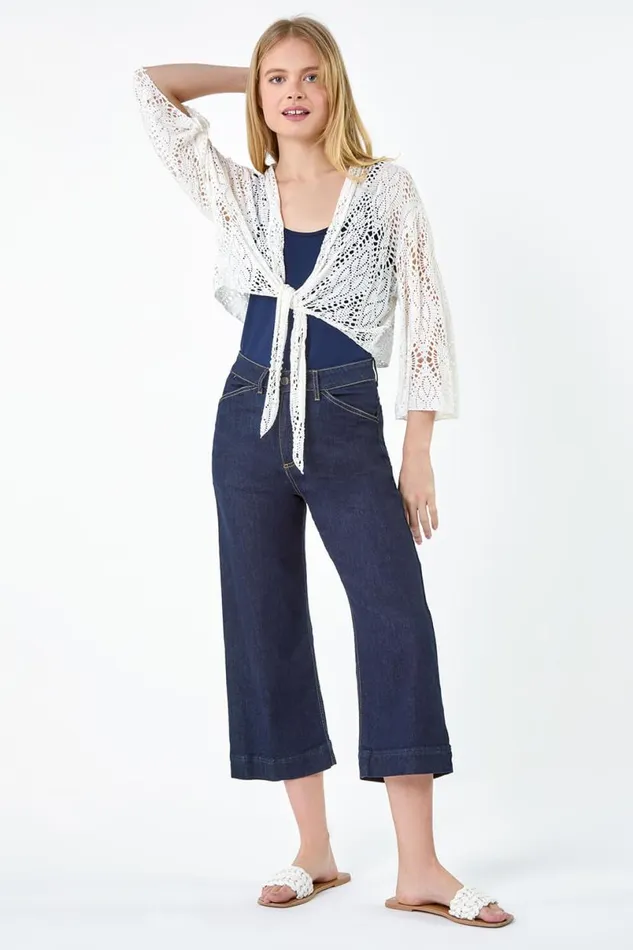 Ivory Tie Front Stretch Crochet Cardigan Women Roman Knitwear