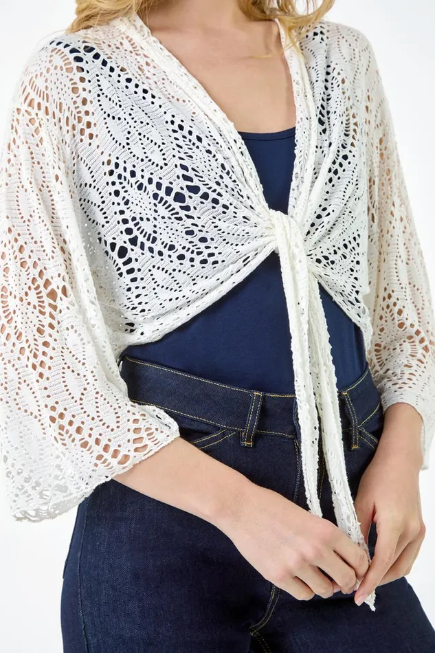 Ivory Tie Front Stretch Crochet Cardigan Women Roman Knitwear
