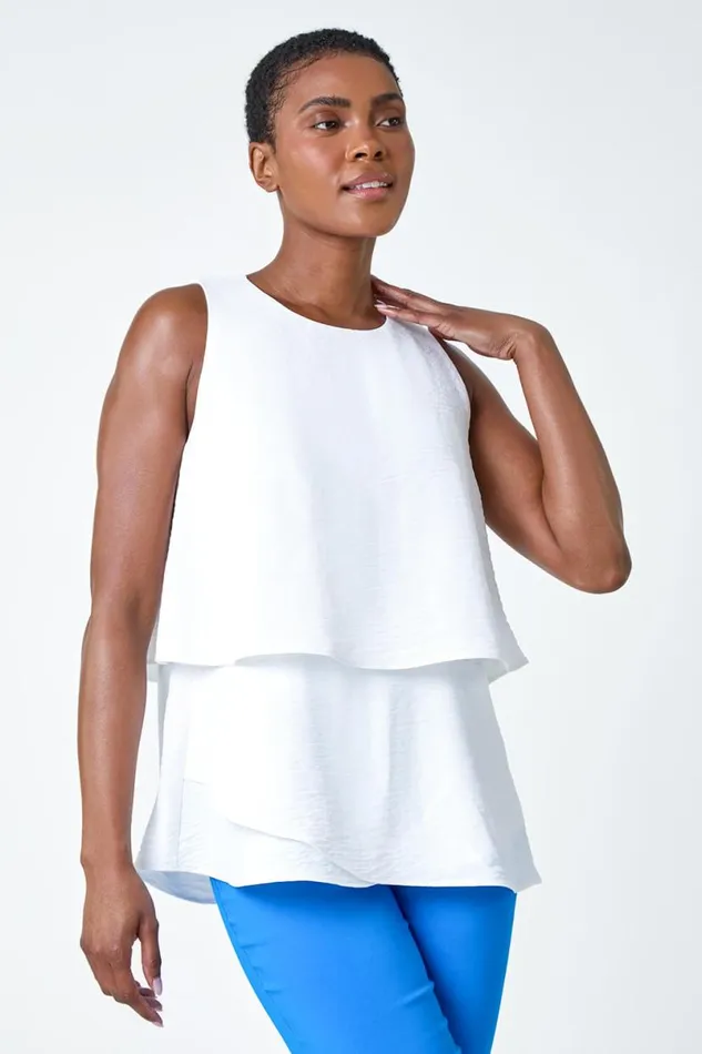 Ivory Tiered Sleeveless Vest Top Women Roman Tops