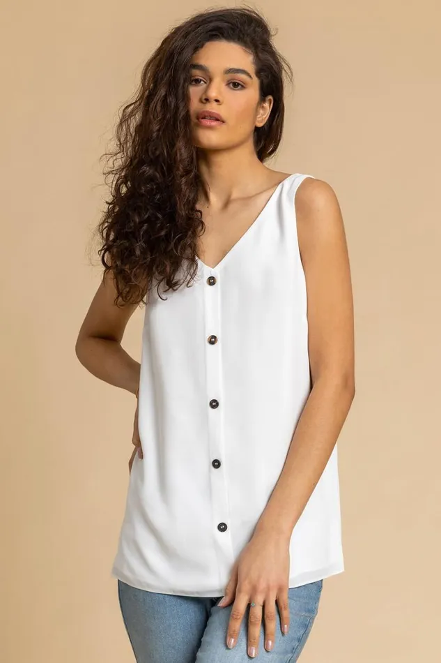 Ivory VNeck Button Front Sleeveless Top Women Roman Tops