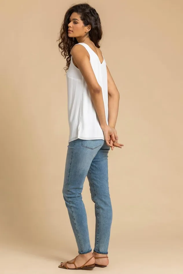 Ivory VNeck Button Front Sleeveless Top Women Roman Tops