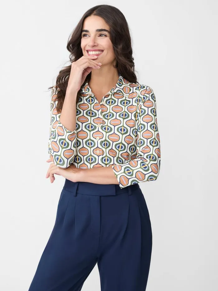JMcLaughlin Court 34 Sleeve Polo In Mod Orbit Creamnavygreen Women Shirts and Tops