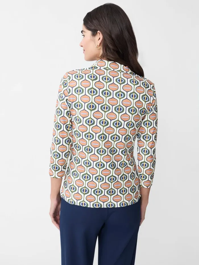 JMcLaughlin Court 34 Sleeve Polo In Mod Orbit Creamnavygreen Women Shirts and Tops JMcLaughlin Court 34 Sleeve Polo In Mod Orbit Creamnavygreen Women Shirts and Tops