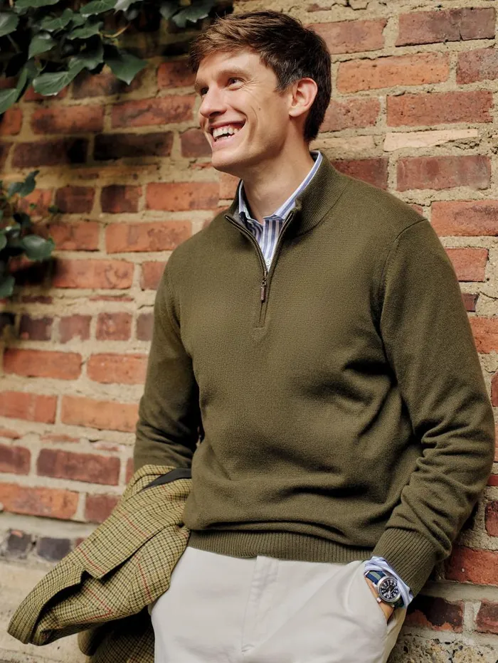 JMcLaughlin Henry Cashmere 14 Zip Olive Men Sweaters