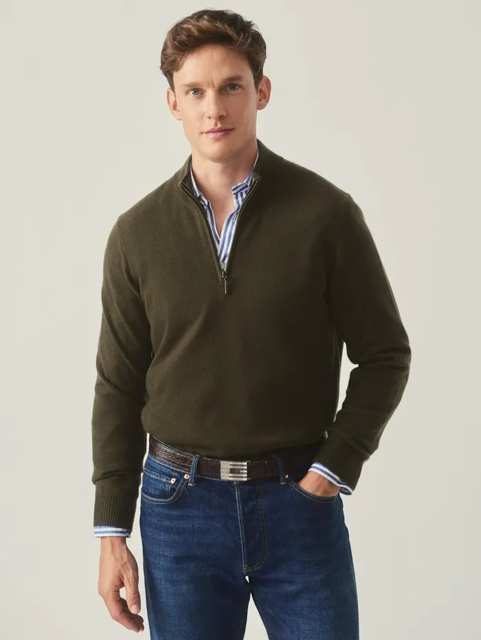 JMcLaughlin Henry Cashmere 14 Zip Olive Men Sweaters JMcLaughlin Henry Cashmere 14 Zip Olive Men Sweaters