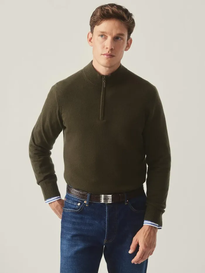 JMcLaughlin Henry Cashmere 14 Zip Olive Men Sweaters JMcLaughlin Henry Cashmere 14 Zip Olive Men Sweaters