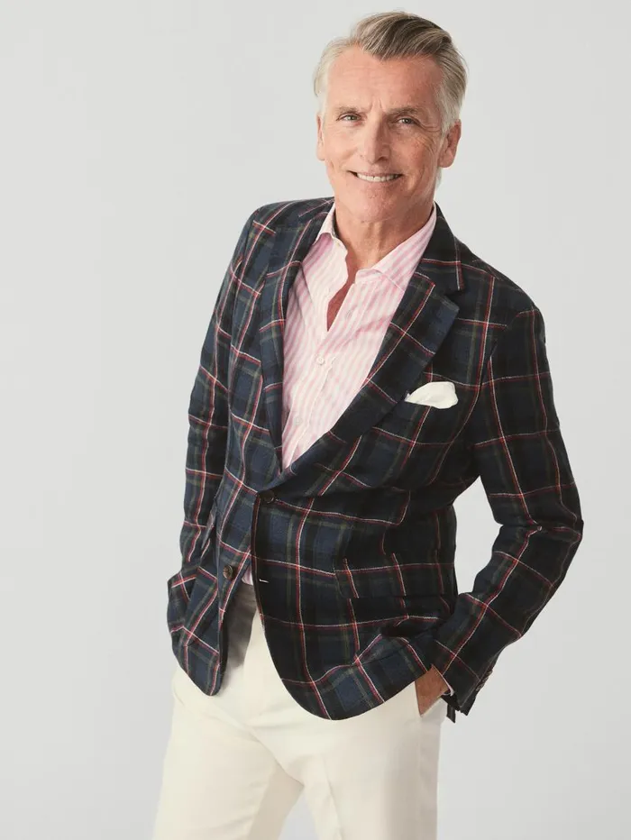 JMcLaughlin McCown Linen Sport Coat In Plaid Greennavyred Men Jackets and Outerwear JMcLaughlin McCown Linen Sport Coat In Plaid Greennavyred Men Jackets and Outerwear